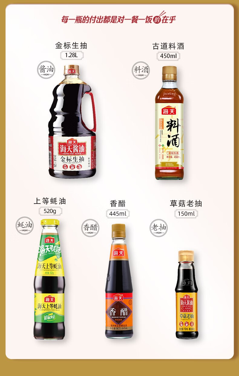 海天 调味品五件套 金标生抽+金标耗油+古道料酒+香醋+草菇老抽 图2