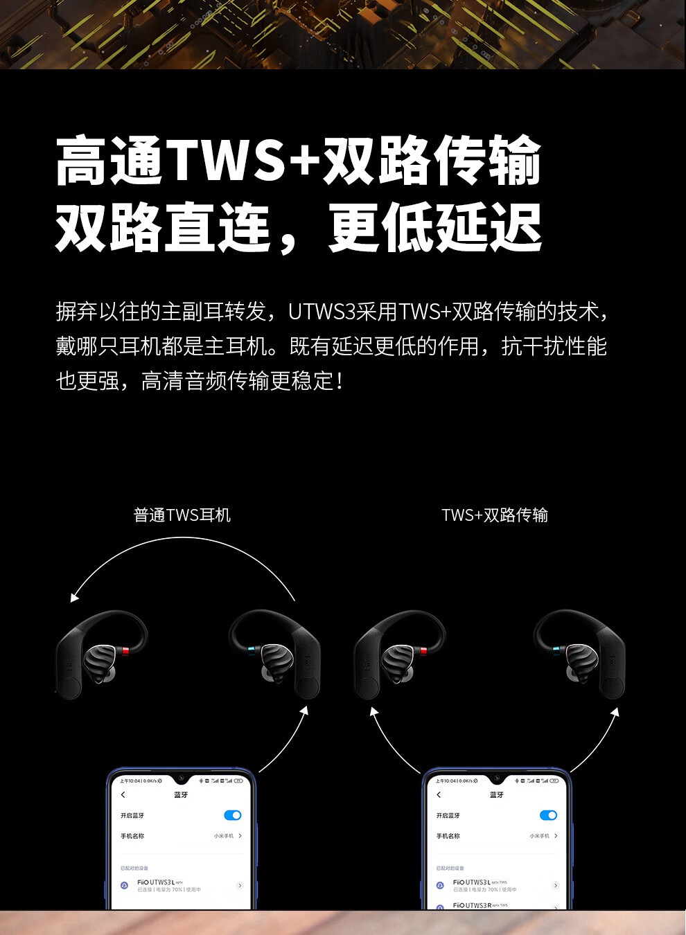 飞傲（FiiO） UTWS3真无线蓝牙运动升级线 0.78mm接口【指纹触控-持久续航-两年质保】