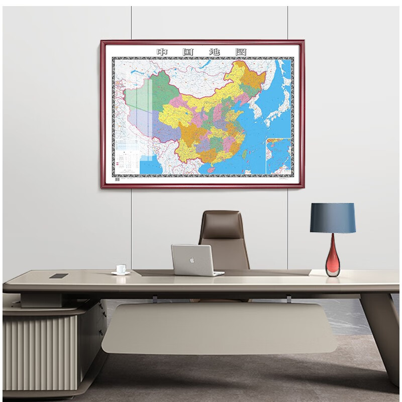 5米裱框挂图实木壁画地图 现代金属边框-中国世界套装》中国