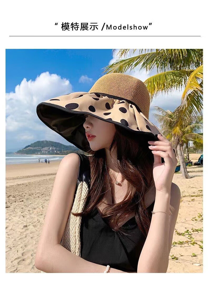 帝达芙美妆工具夏季黑胶蝴蝶结遮阳帽女渔夫草帽大帽檐遮脸太阳帽子 卡其色