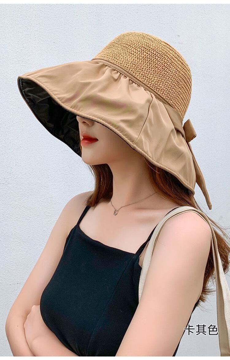 帝达芙夏季黑胶蝴蝶结遮阳女镂空草大檐遮阳遮脸 米色