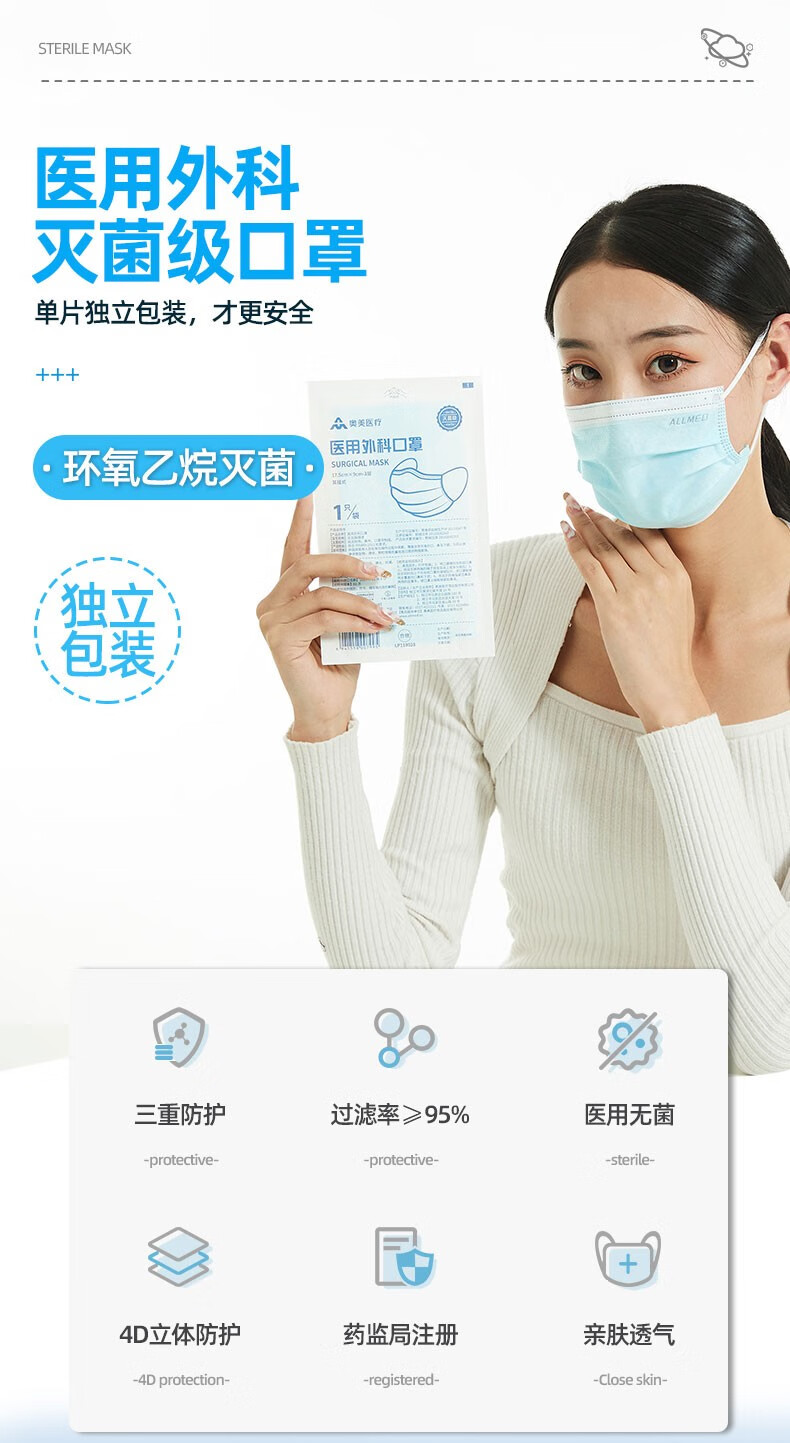 奥美医疗 医用外科口罩 50只 单个独立包装 图4