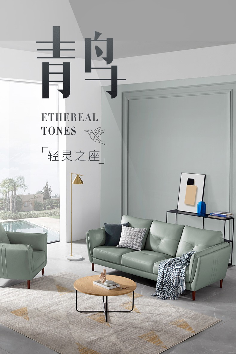 顾家家居沙发现代简约真皮沙发客厅小户型家具三人皮艺沙发组合1038 【30天发货】花叶绿3双 组合 组合