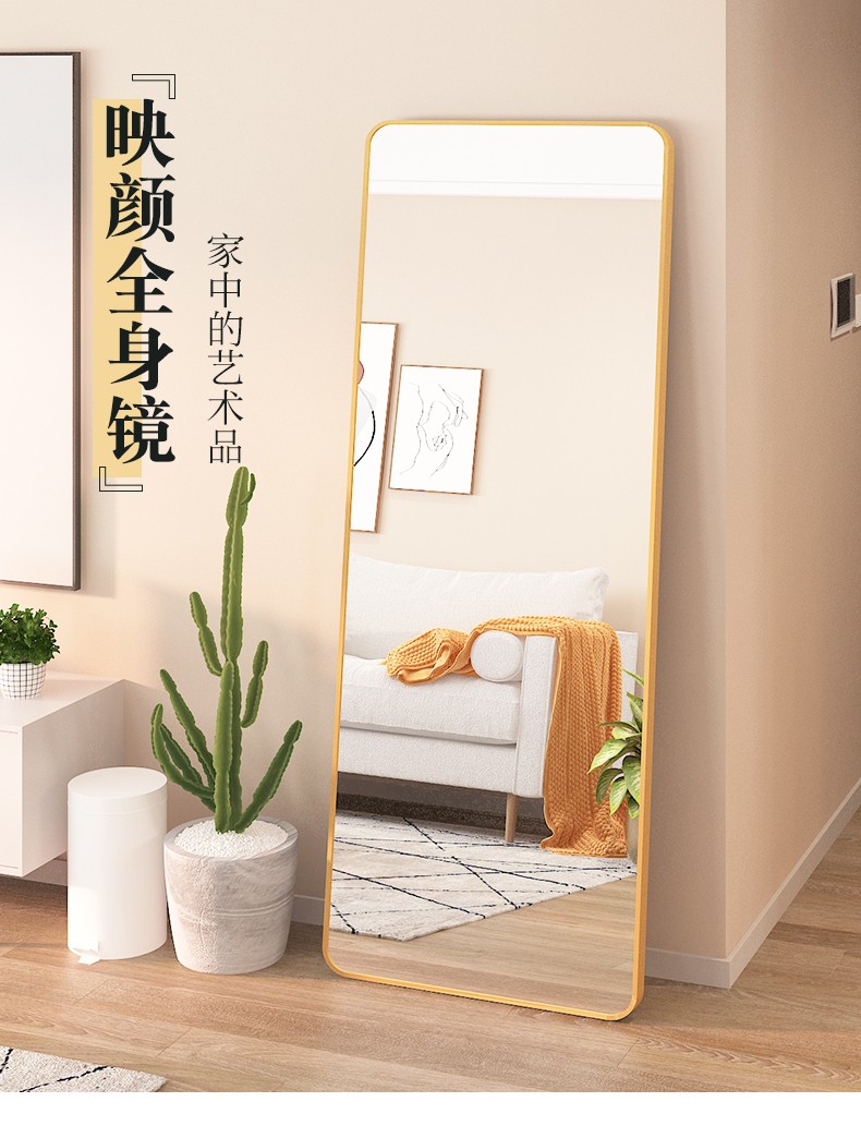 含雅全身穿衣落地镜子家用现代轻奢高端女生试衣卧室大镜子网红铝合金边框 土豪金40*150【壁挂支架两用】