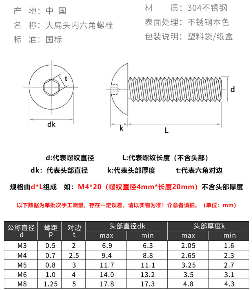 丰季m3m4m5m6m8304不锈钢大伞头内六角螺丝大扁头螺钉蘑菇头圆头螺栓