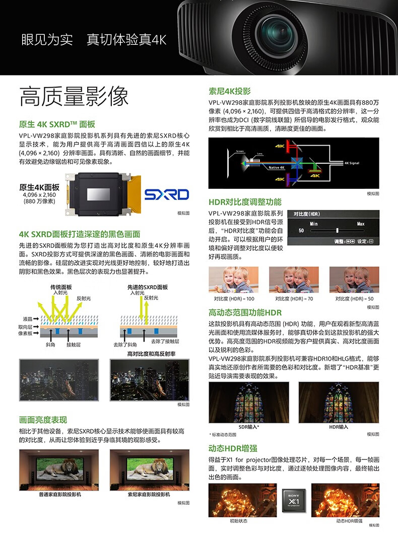索尼（SONY）投影仪家用投影仪 真4K 家庭豪华影院 3D超高清投影机  预售链接 带上门安装 VPL-VW298 （原生4K   3D） 官方标配