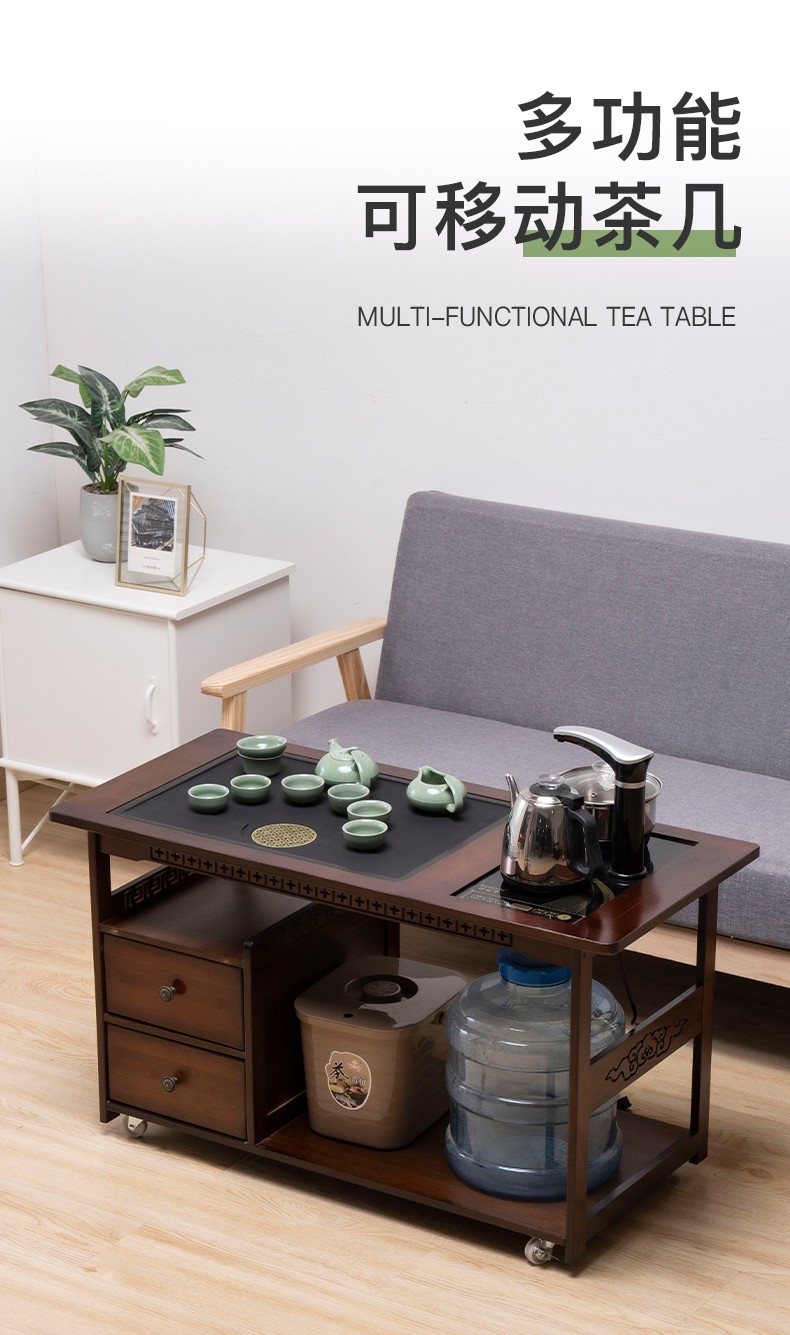 可移动茶桌茶台家用客厅茶水柜实木茶车小茶桌带轮茶几桌办公室功夫茶具套装泡茶烧水一体茶边柜茶具茶叶收纳 80矮款茶桌-无盖板