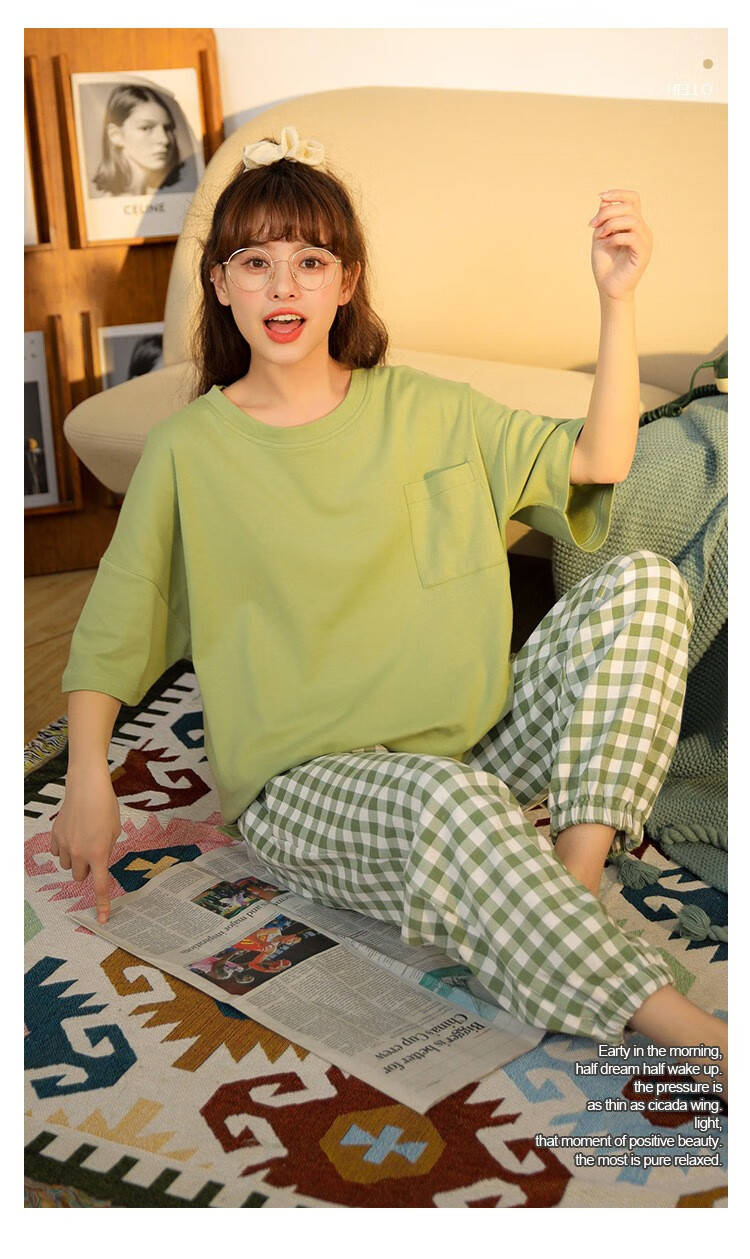 莫代尔家居服棉质纯色短袖长裤韩版休闲格子睡衣套装春秋款 浅绿格子套装 XL（120-140斤）