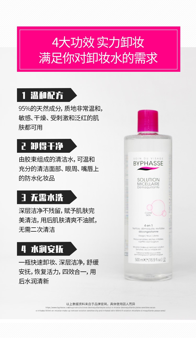 蓓昂斯（BYPHASSE）四效合一卸妆水 全脸眼唇清洁免洗卸妆液 温和不刺激敏感肌可用 500ml*1瓶