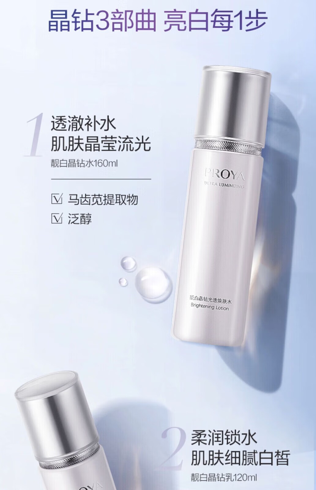 珀莱雅（PROYA）爽肤水靓白晶钻光透焕肤水乳美白淡斑提亮肤色护肤品套装盒清润霜 靓白晶钻光透焕肤水160ml