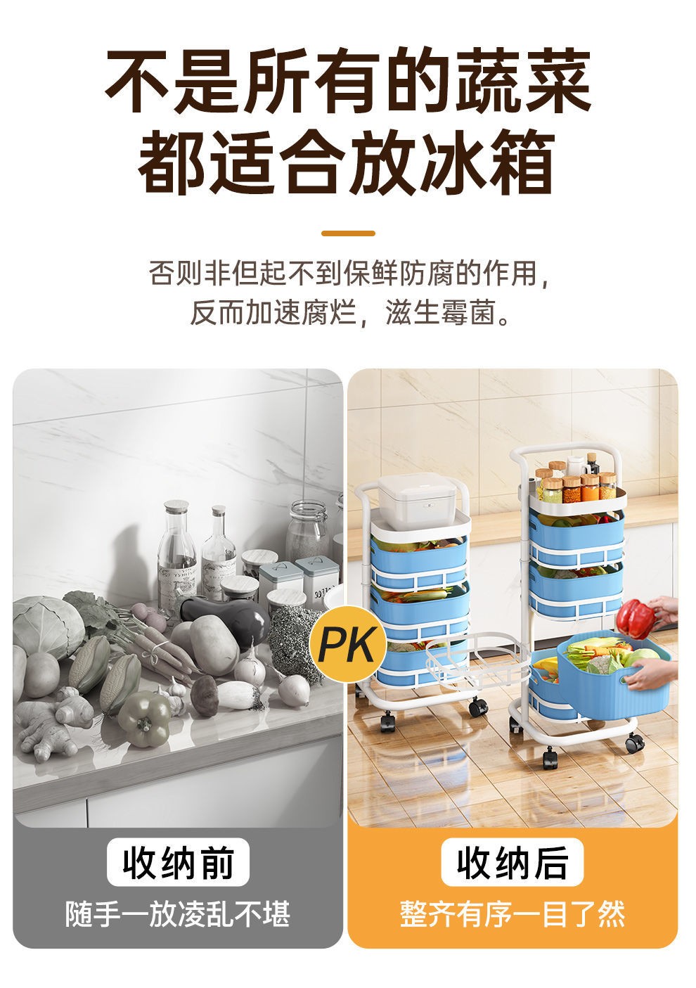 厨房置物架蔬菜架旋转置物架落地多层菜篮子可拆卸水果收纳筐移动小推车储物架 天空蓝-方形五层（带沥水网篮）