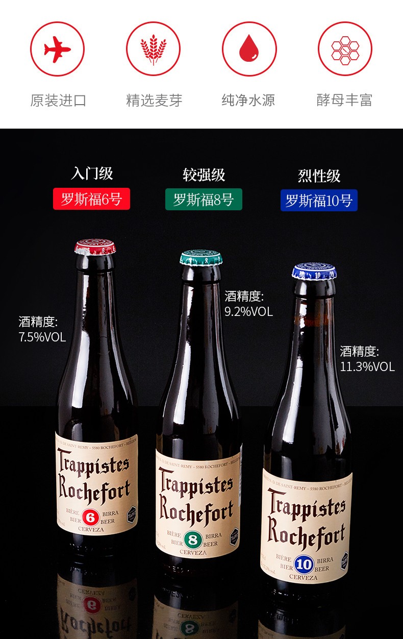 罗斯福（Rochefort）比利时原装进口啤酒 罗斯福6号8号10号修道院精酿啤酒 罗斯福6号/8号/10号组合6瓶