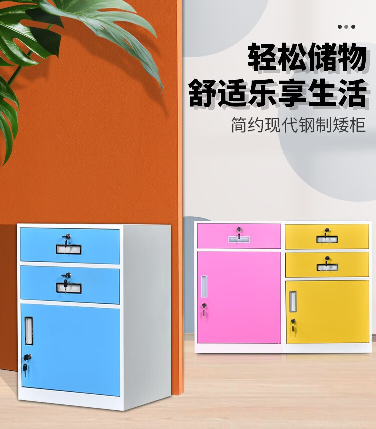 执逸钢制矮柜办公室带抽屉储物柜桌下小柜子多功能柜带锁文件柜铁皮柜 白色单门