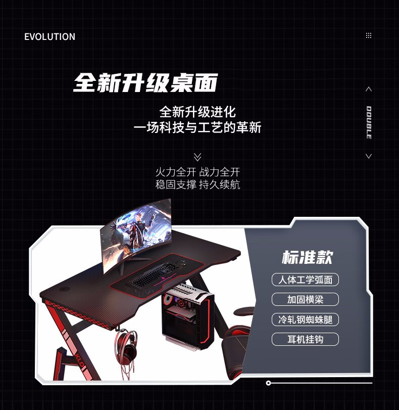 恺霖迪（Kayleen Deer） 电竞电脑桌 电竞桌台式电脑桌子家用组合电脑桌椅灯效电竞桌椅 A款铠甲含杯架（长160*宽60*高75cm） 【套装】桌子+BE968联动扶手黑红电竞椅