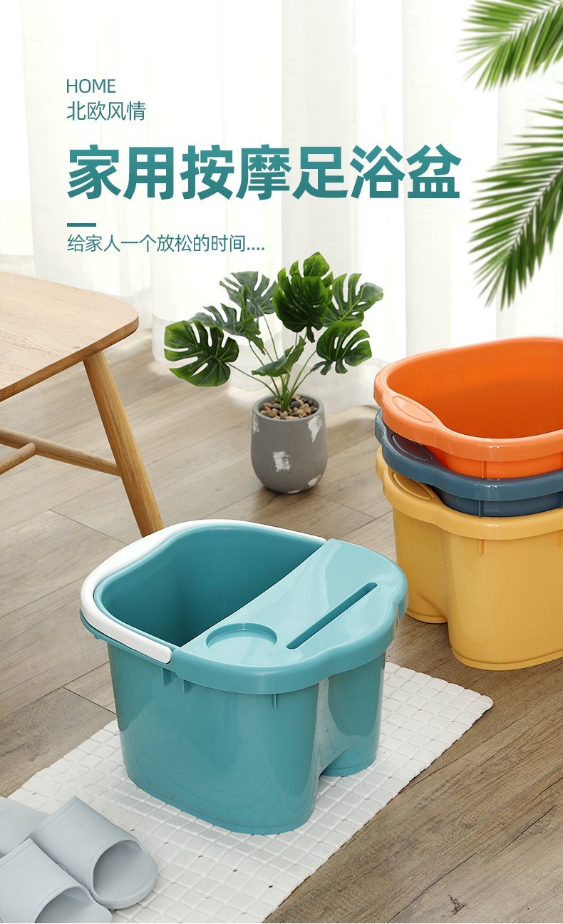 加厚泡脚足浴盆按摩泡脚桶家用塑料泡脚盆洗脚盆加高洗脚足浴桶按摩轮水桶 带盖款深绿色(按摩轮)