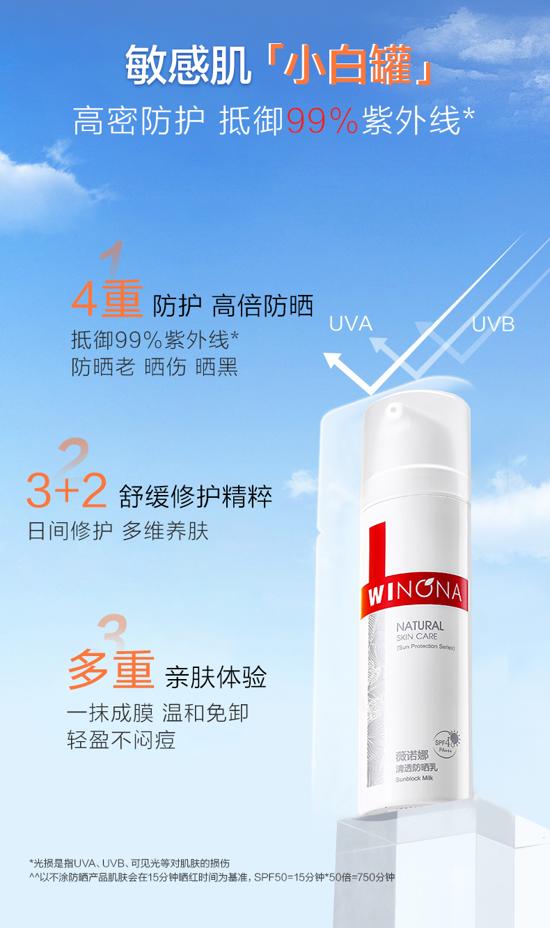 薇诺娜（WINONA） 清透防晒乳SPF48PA+++50g清透敏感肌室内外防晒乳防晒霜套装清爽 30g防晒+20g小样（到手58g）