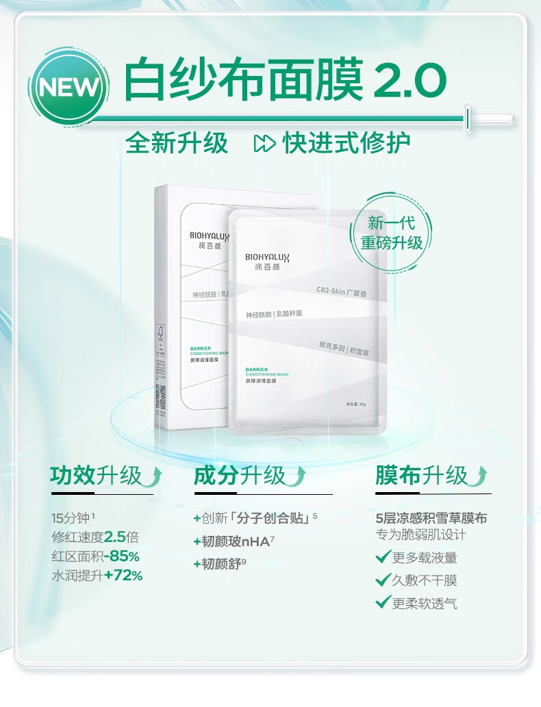 润百颜玻尿酸屏障调理次抛精华白纱布面膜修护补水保湿护肤套装面部精华 屏障次抛精华10支+白纱布面膜5片