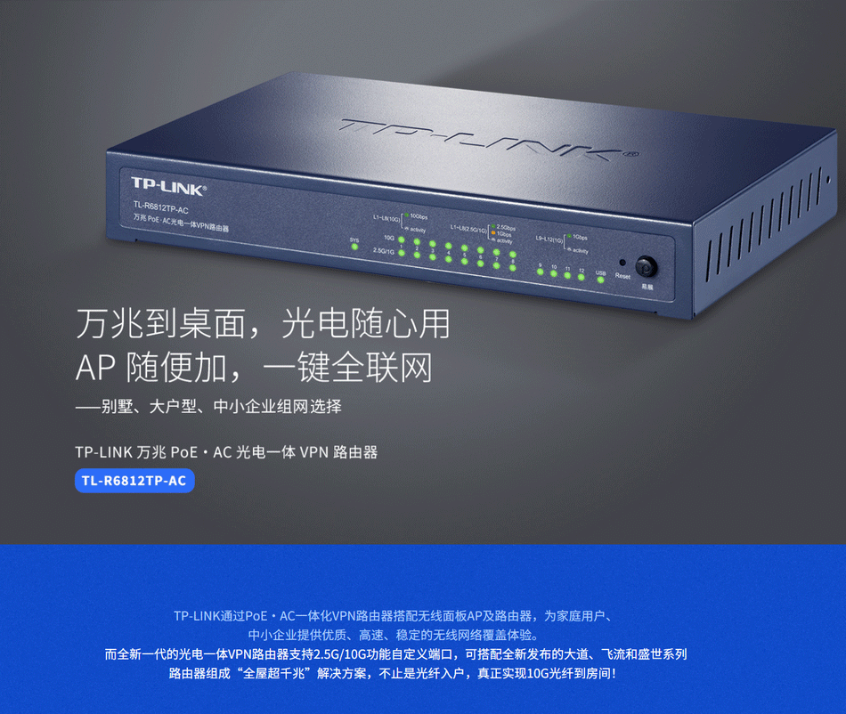 TP-LINK TL-R6812TP-AC 8口万兆SFP+光纤4口千兆PoE·AC一体化有线路由器