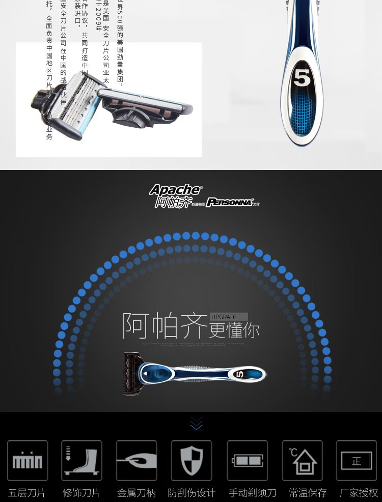 阿帕齐进口刀头5层阿帕齐手动剃须刀手动刮胡刀阿帕奇剃须刀礼盒装1刀架5刀头+须泡+刀架盒+底座