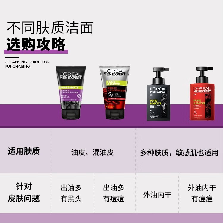 欧莱雅（L'OREAL）男士洗面奶控油清痘深层清洁磨砂抗黑头角质氨基酸洁面乳男青少年 控油炭爽抗黑头洁面膏50ml*4