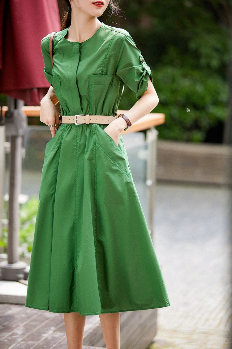 密司女装南法风情复古大伞裙气质优雅减龄系带收腰显瘦连衣裙绿色l