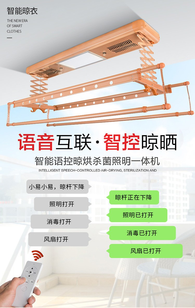 电动晾衣架升降晾衣杆阳台多功能智能晒衣架家用无线遥控全自动折叠伸缩晾衣机带烘干LED照明小户型 冰川银 四杆【遥控升降+LED照明】