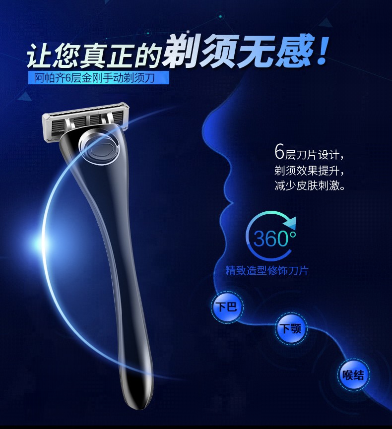 阿帕齐手动剃须刀德国进口六层刀头刮胡刀手动刀片刮脸刀胡须刀 1刀架3刀头+底座+套