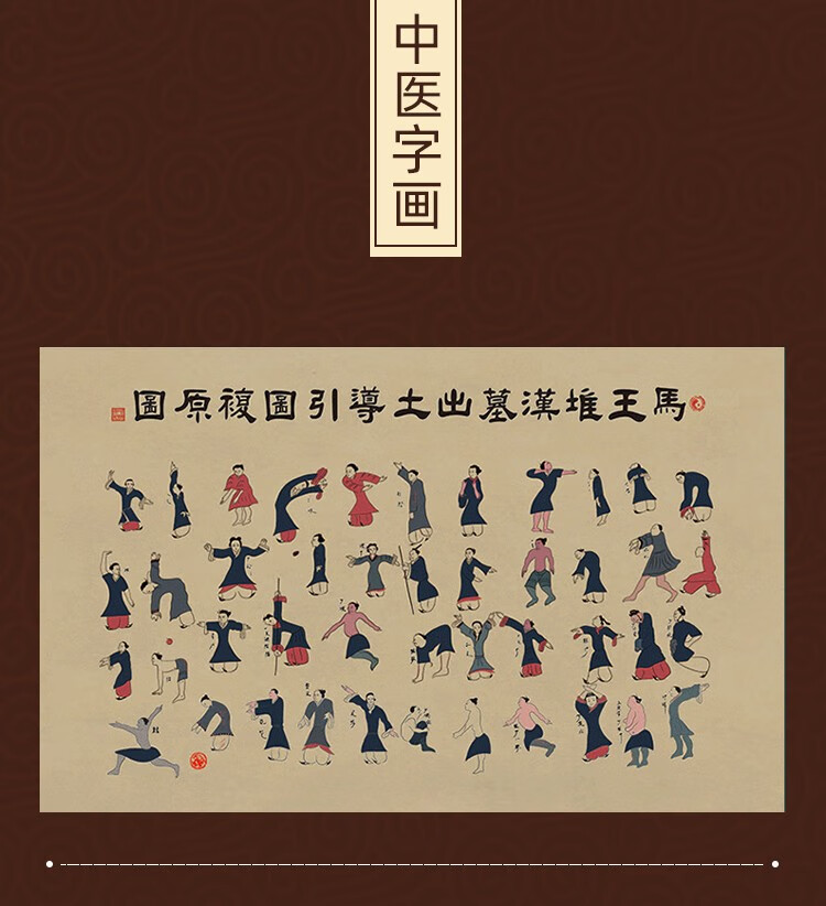 马王堆导引图仿真复原中医馆医院会所门诊药店文化装饰画红色