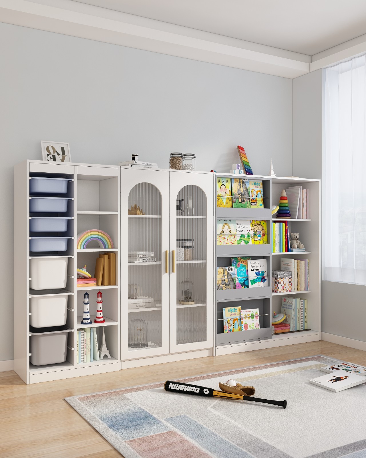 可比熊实木书柜书架长虹玻璃门防尘书架置物架落地绘本玩具收纳柜 4层120长虹玻璃书柜(半圆弧)