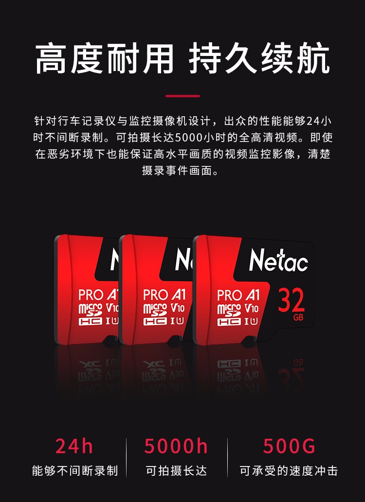 Netac朗科TF卡行车记录仪监控摄像头手机存储microSD卡航拍无人机运动相机C10高速内存卡 P500 PRO 64G U3 4K拍摄