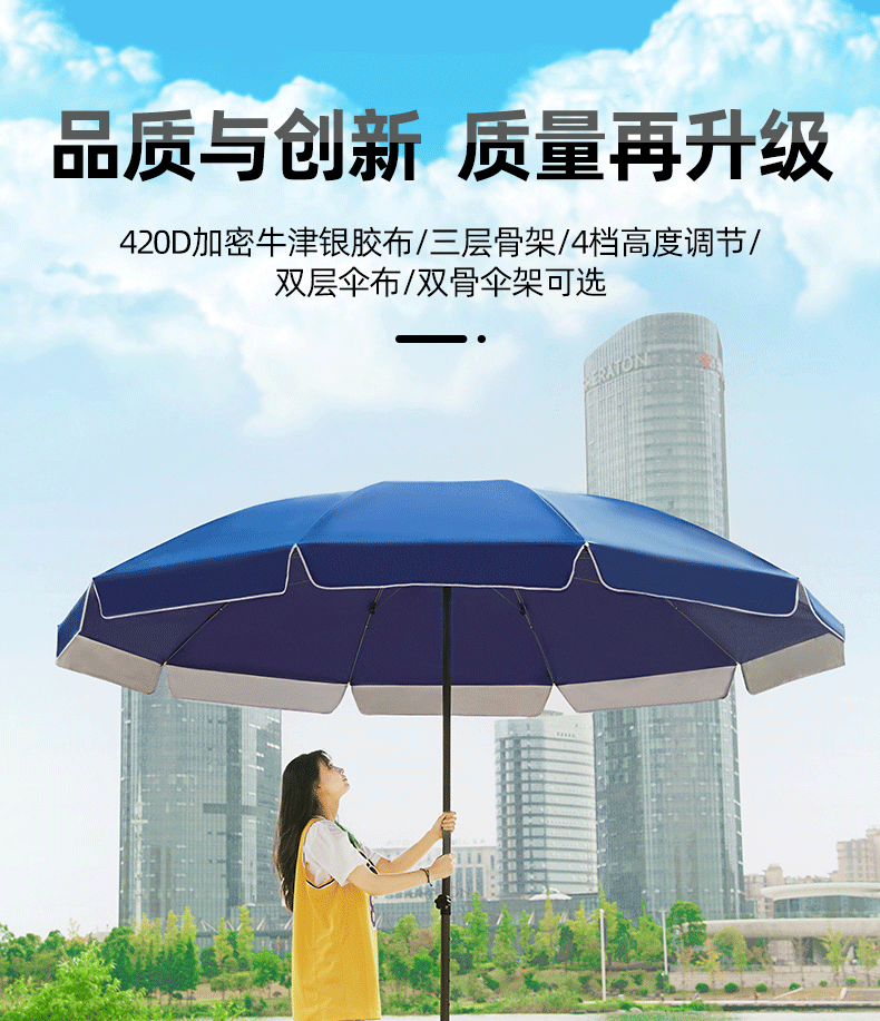 户外遮阳伞大伞摆摊大型3米夏天沙滩伞折叠庭院钓鱼伞防晒防雨大雨伞沙滩伞广告宣传展业伞 2.4米双层蓝色/三层骨架