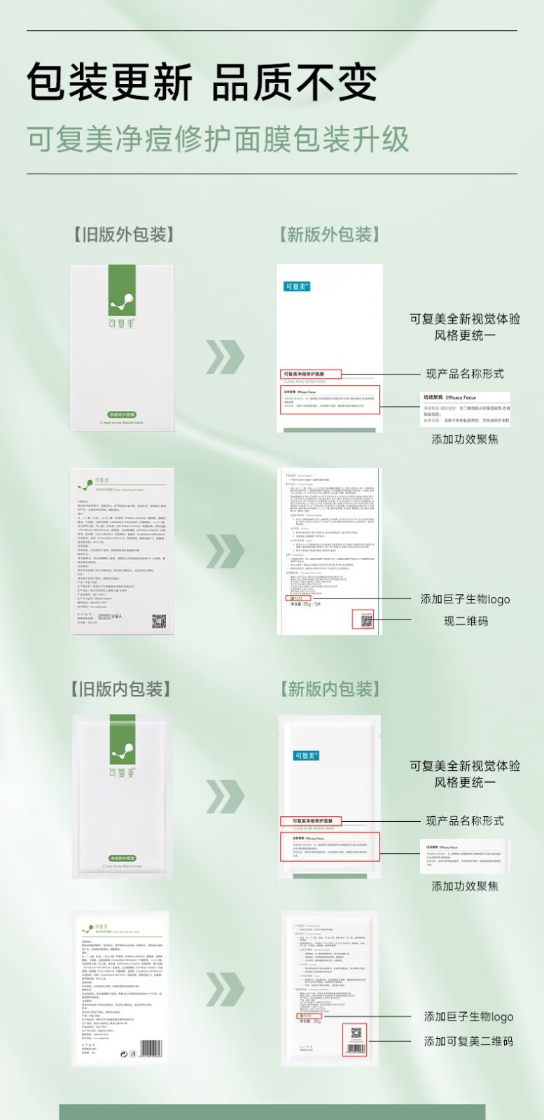 可复美净痘修护面膜5片/盒油皮混油皮男女痘痘肌修护贴片面膜改善痘痘肌 净痘修护面膜2片