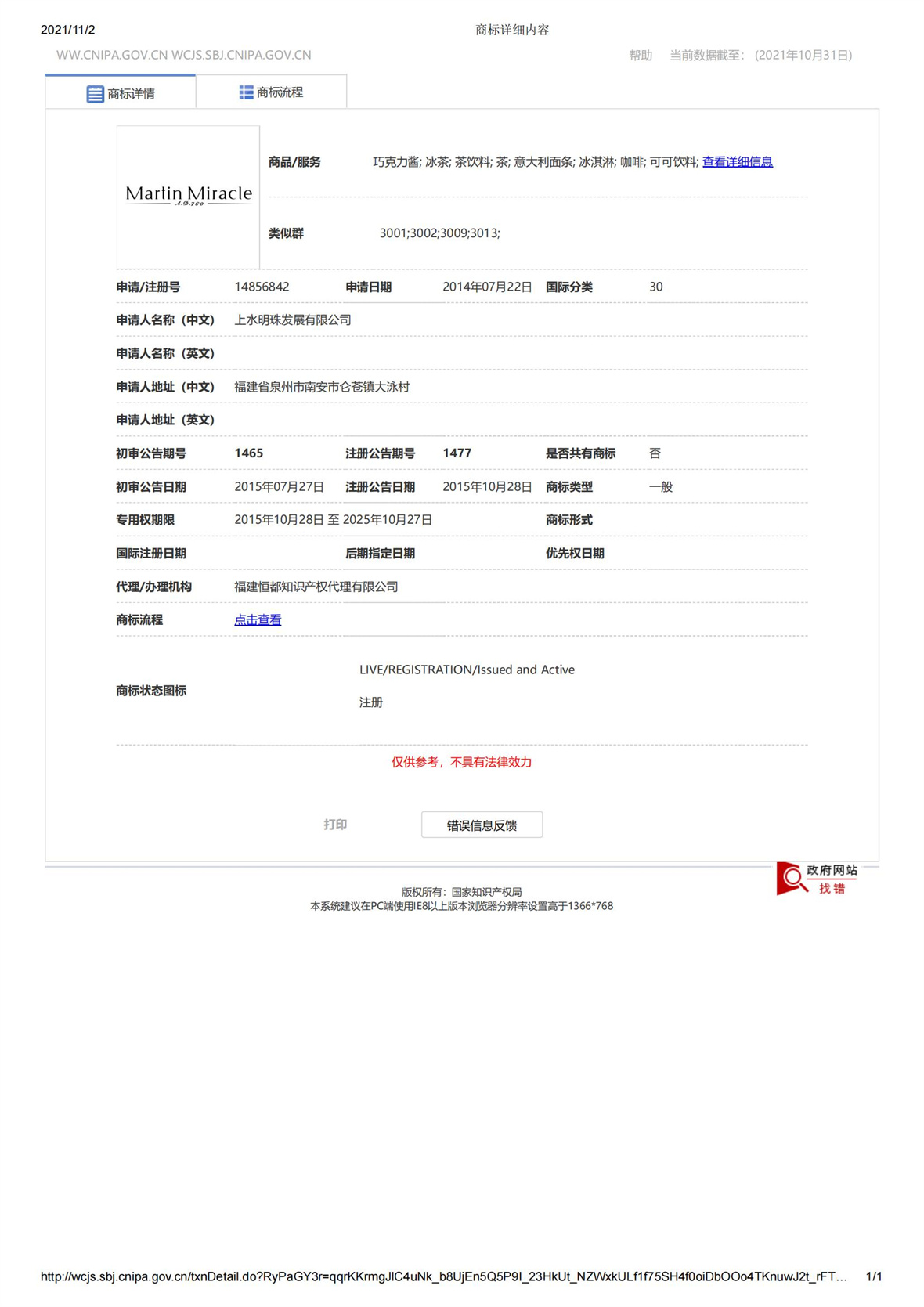 【第2次拍卖】上水明珠发展有限公司名下注册商标(注册号14856842)