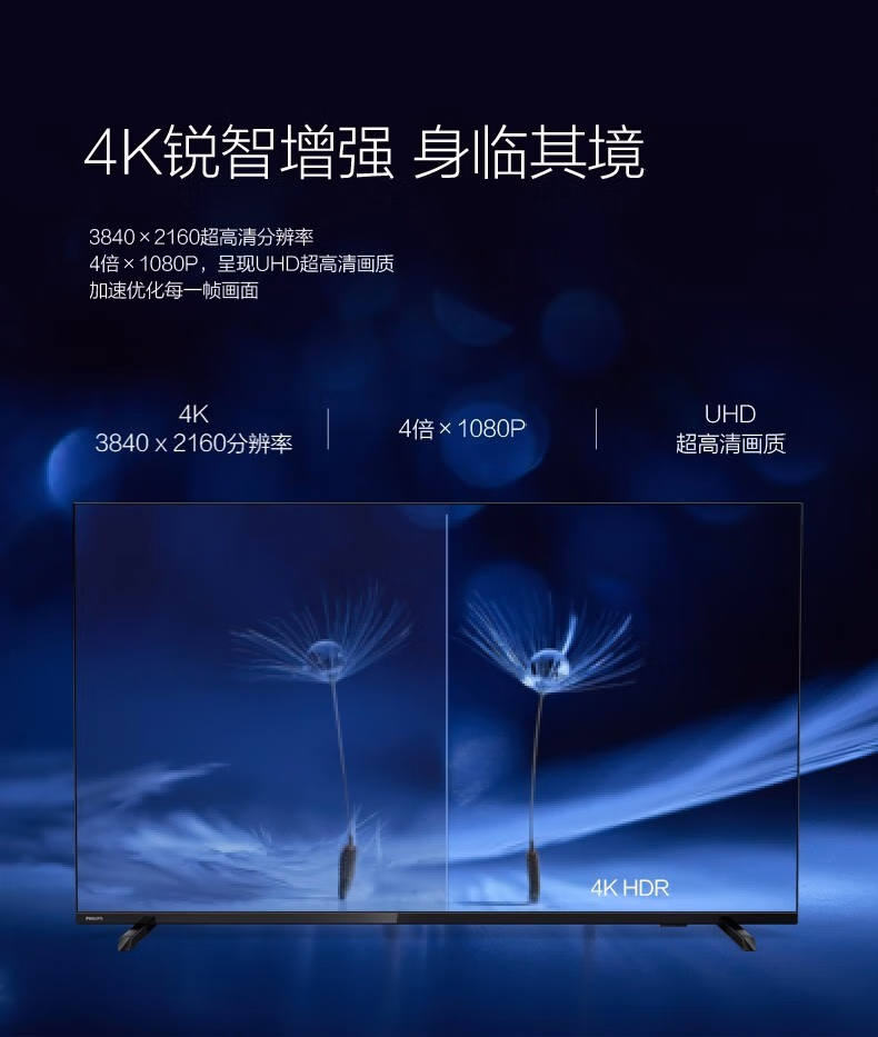 飞利浦 50PUF7067/T3 50英寸 全面屏4K AI语音网络智能平板液晶电视机