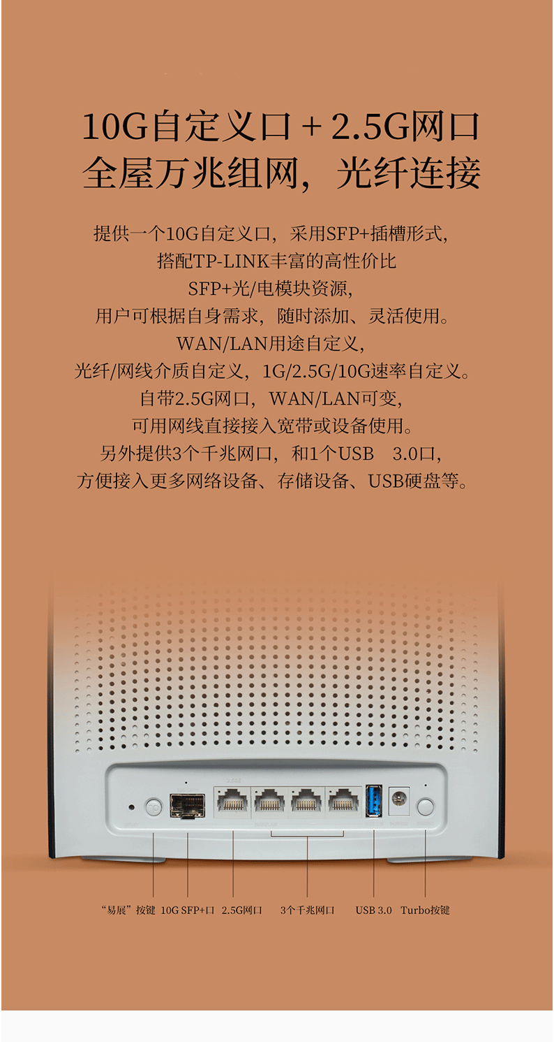 TP-LINK AX6600M三频千兆Super万兆10G光口大功率高速穿墙家用WiFi6无线路由器 TL-XTR6690易展Turbo版