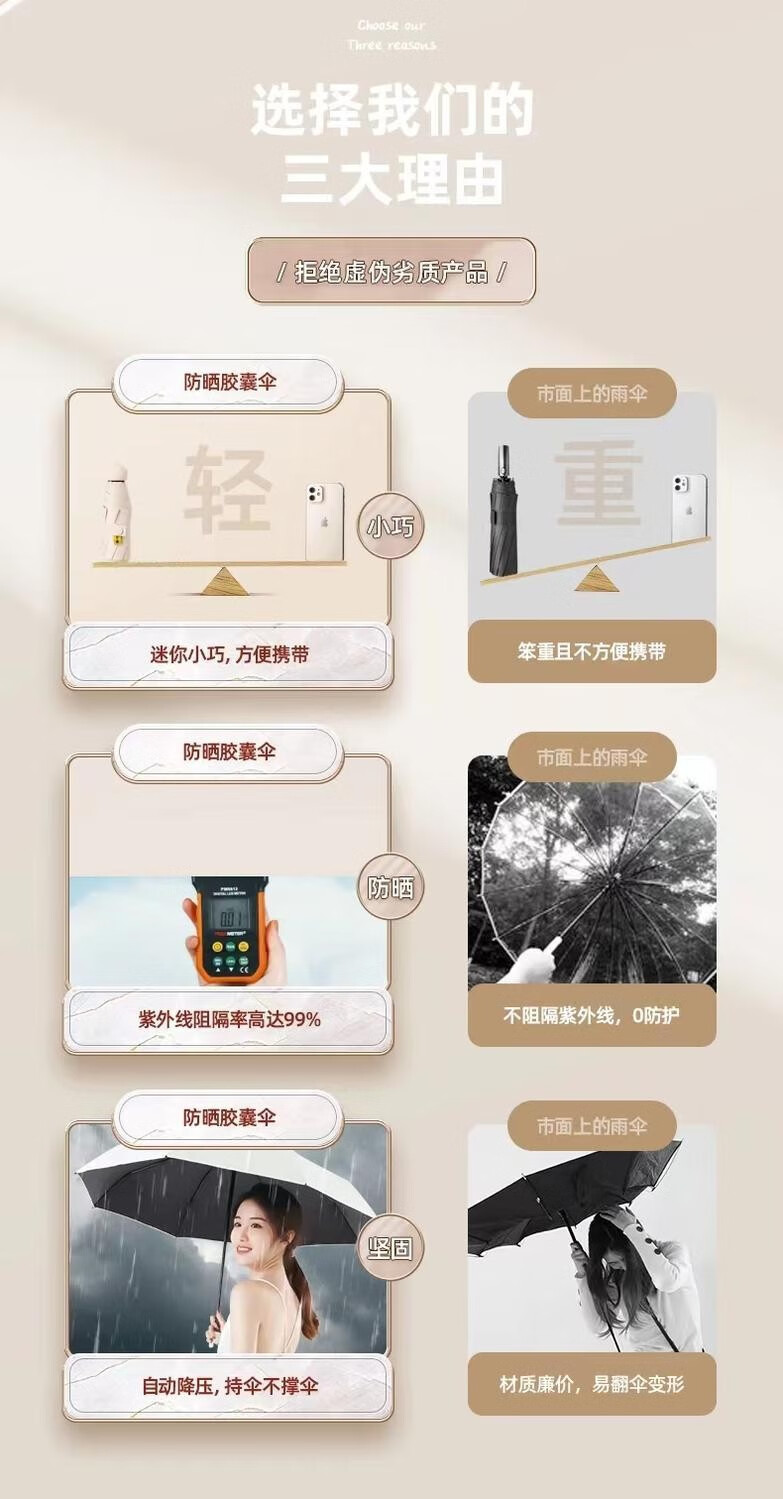 帝达芙美妆工具超轻迷你胶囊款防晒太阳伞女晴雨遮阳伞美妆工具6骨无盒 米色