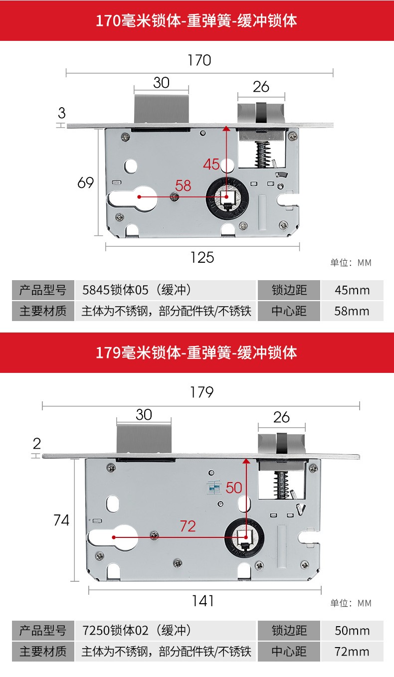 卡贝锁体家用室内卧室锁舌门锁配件通用型木门锁房门锁具锁心把手 160MM-重弹簧-舌距88MM(封闭静音) 35-50mm  通用型  不带钥匙