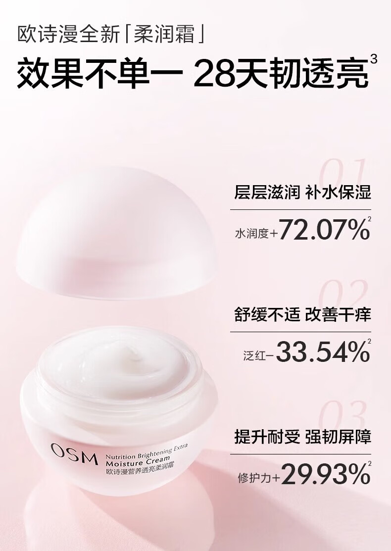 欧诗漫（OSM）高保湿面霜女 滋润补水舒缓修护国货面部护肤品 礼物送老婆女友 50g*2罐
