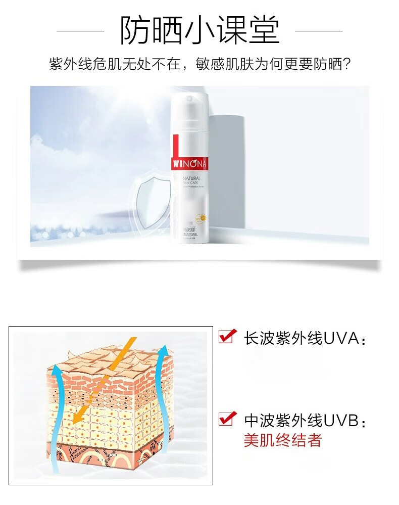 薇诺娜（WINONA）防晒霜防晒乳SPF48+++清爽隔离不易油腻保湿学生军训紫外线 防晒霜50g