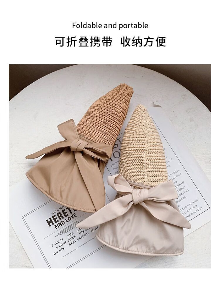 帝达芙夏季黑胶蝴蝶结遮阳女镂空草大檐遮阳遮脸 卡其色