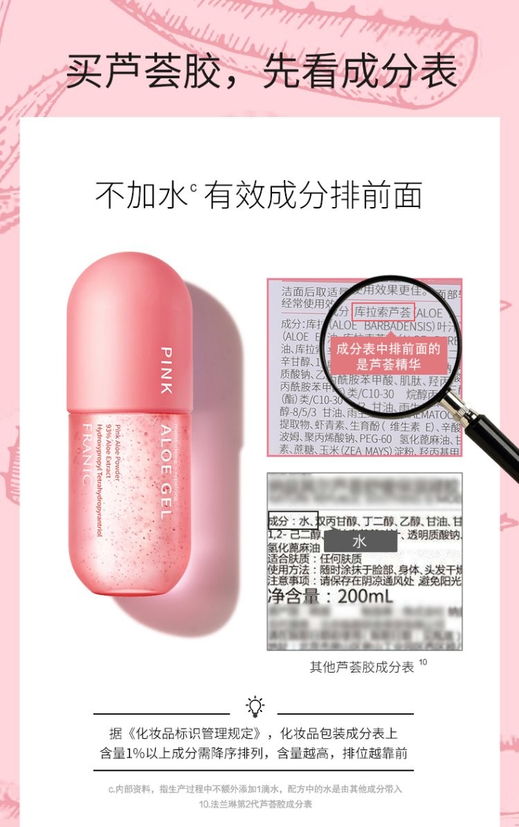 法兰琳卡（FRANIC） 芦荟胶卡凝缩精华型补水保湿祛痘晒后修护肌肤温和舒缓男女士 【囤量装】粉红爆水芦荟胶300g