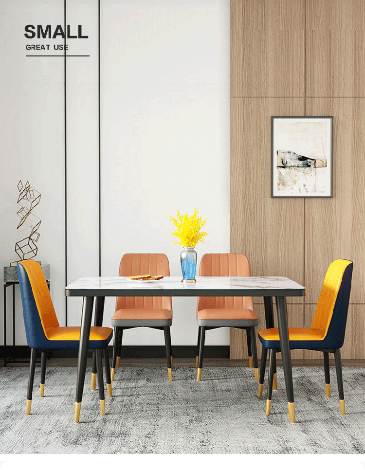 岩板餐桌椅组合饭桌家用现代大理石餐厅桌椅长方形歺桌北欧轻奢洽谈桌小户型吃饭桌子椅子饭桌套装 120*70*75单桌+4把暗橘色椅 纹理精美