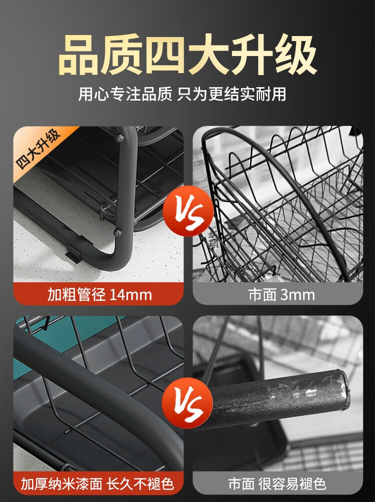 厨房置物架沥水碗碟架放碗置物餐具收纳多功能厨房置物架大容量家用多功能 B型三层黑色砧板套装