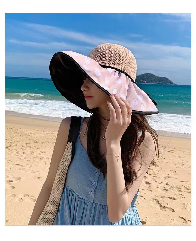 帝达芙美妆工具夏季黑胶蝴蝶结遮阳帽女渔夫草帽大帽檐遮脸太阳帽子 卡其色