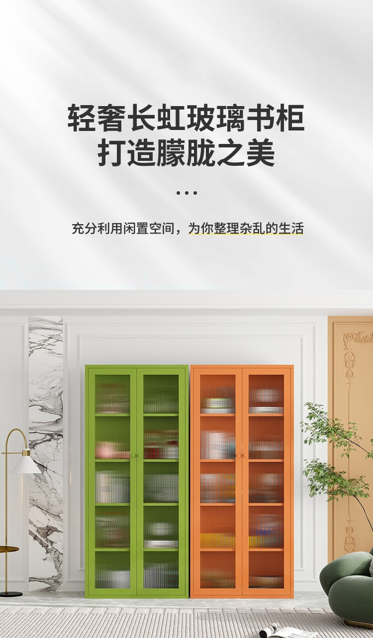 执逸铁艺书柜长虹玻璃带门展示柜客厅置物柜家用收纳柜客厅靠墙储物柜 白色双门长虹玻璃书柜