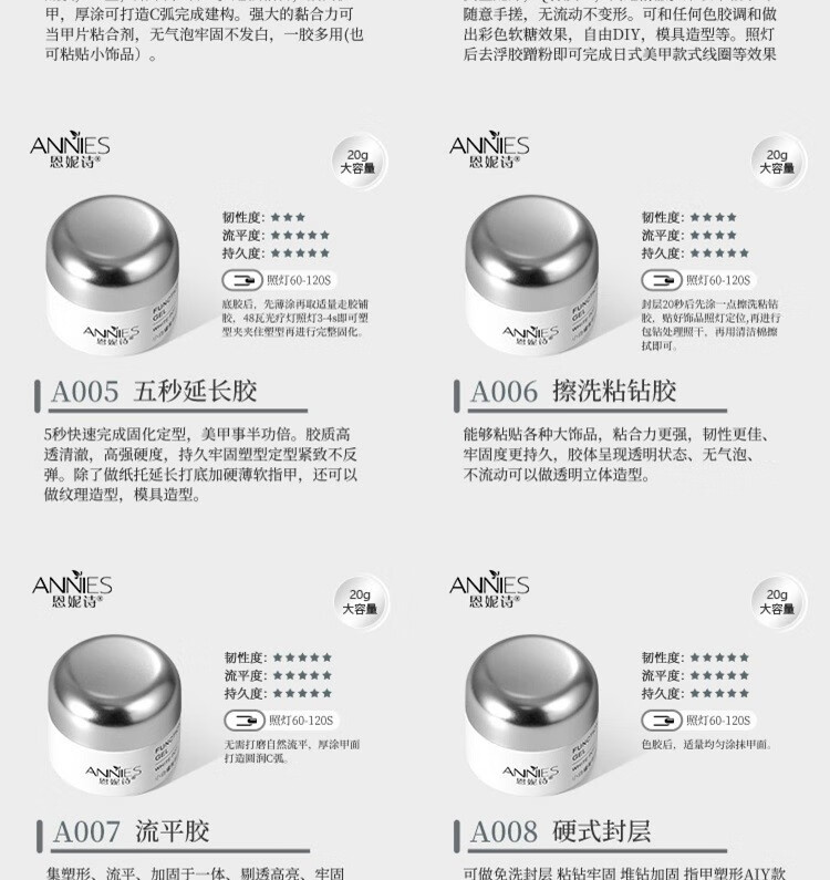 恩妮诗美甲建构胶底胶封层套装持久护甲功能胶 指甲油延长加固光疗胶 免洗封层 20g