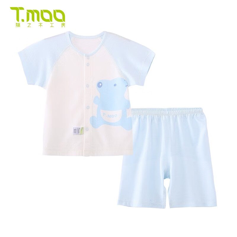 藤之木工房 婴儿短袖T恤套装夏季新生儿夏装宝宝对襟套装薄款0-3-6-12个月 短对襟套装（蓝色） 59cm