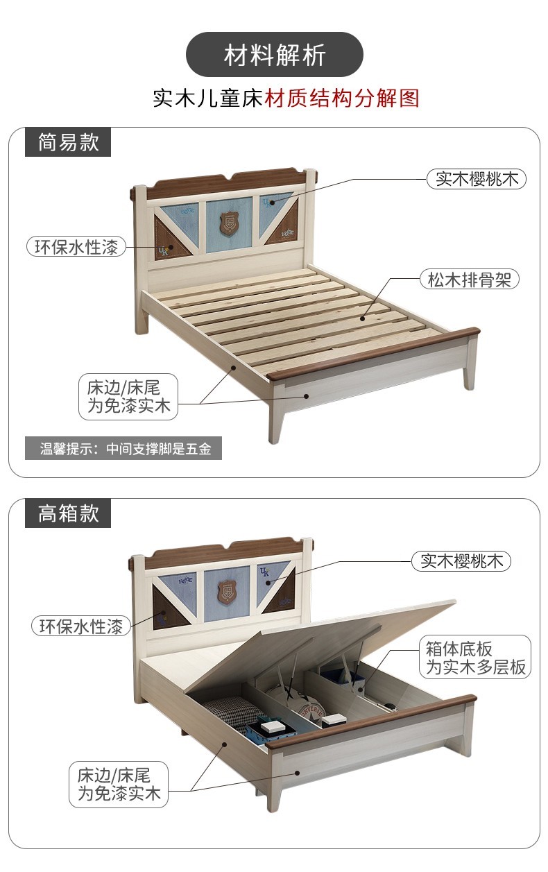 童友 儿童床男孩儿童床女孩公主家具套房美式单人床1.5M小学生床实木青少年床 实木床+椰棕单面床垫 1500*2000