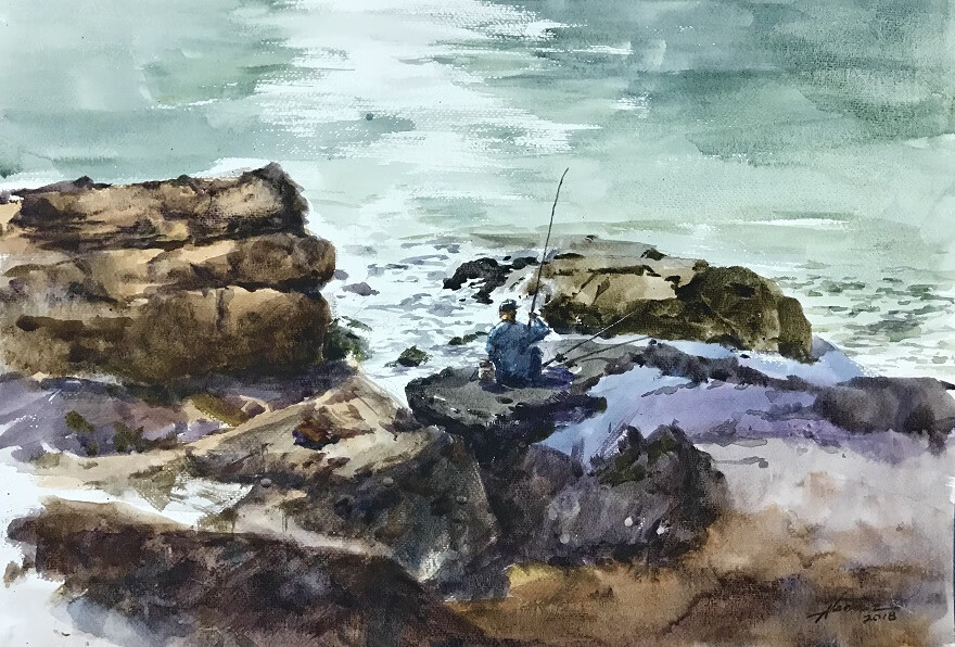 有授权,国家高级美术师 郑志刚 水彩画《海边垂钓》