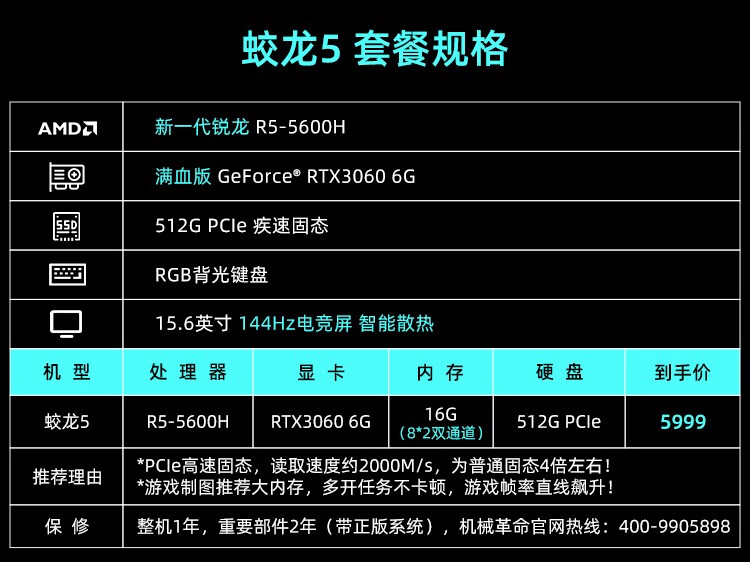 机械革命蛟龙5增强版 2023款游戏笔记本电脑 满血3060高性能独显直连 高刷电竞屏 R7-7735H 16G 512G 3050满血版